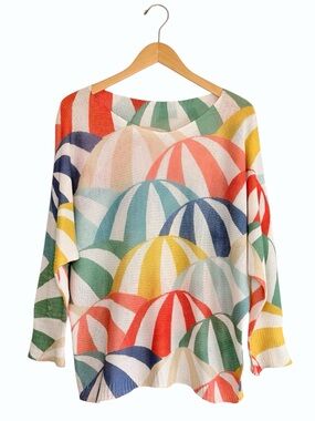 Italian Made Beach Umbrella Print Open Weave Dolman Sleeve Knit Sweater OS